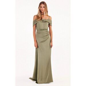 MILLA maxi dress satin off the shoulder ruched waist slipdress olive green S